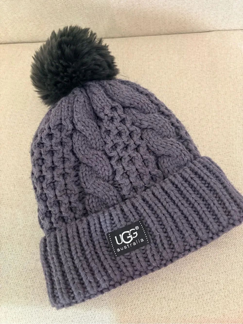 UGG Charcoal Cable-Knit Fleece lined Pom Beanie